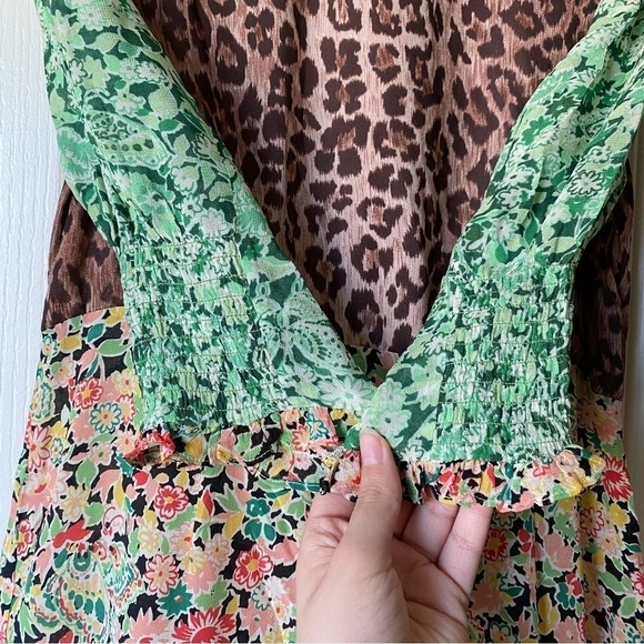 Rixo Dress Saffron Silk Crepe Keyhole Midi Black Green Meadow Leopard S GUC - Picture 6 of 10